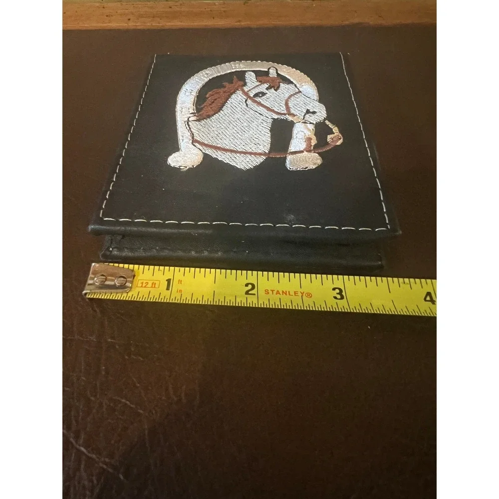 Vintage Leather Horse Horseshoe Embroidered Black‎ Bifold Wallet Western Cowboy